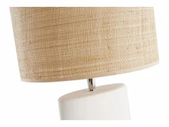 Miliboo Lámpara de mesa étnica de cerámica blanca mate con pantalla de rafia TIGA