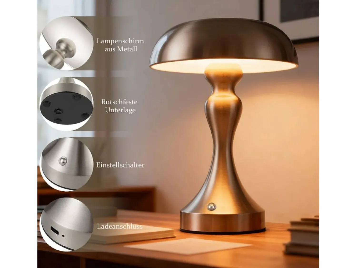 NETTLIFE Lámpara de noche LED , táctil, regulable, inalámbrica, con batería, vintage, recargable por USB
