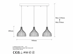 New Concept-Usine Lámpara de techo de metal MARIE - 3 luces, diseño moderno y minimalista Negro