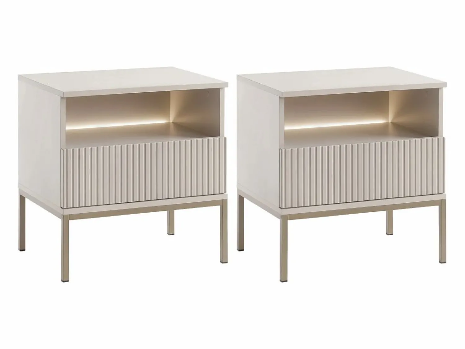 Vente-unique Lote de 2 mesitas de noche 1 cajón y 1 nicho con LEDs en MDF y cristal ahumado beige - OVILA