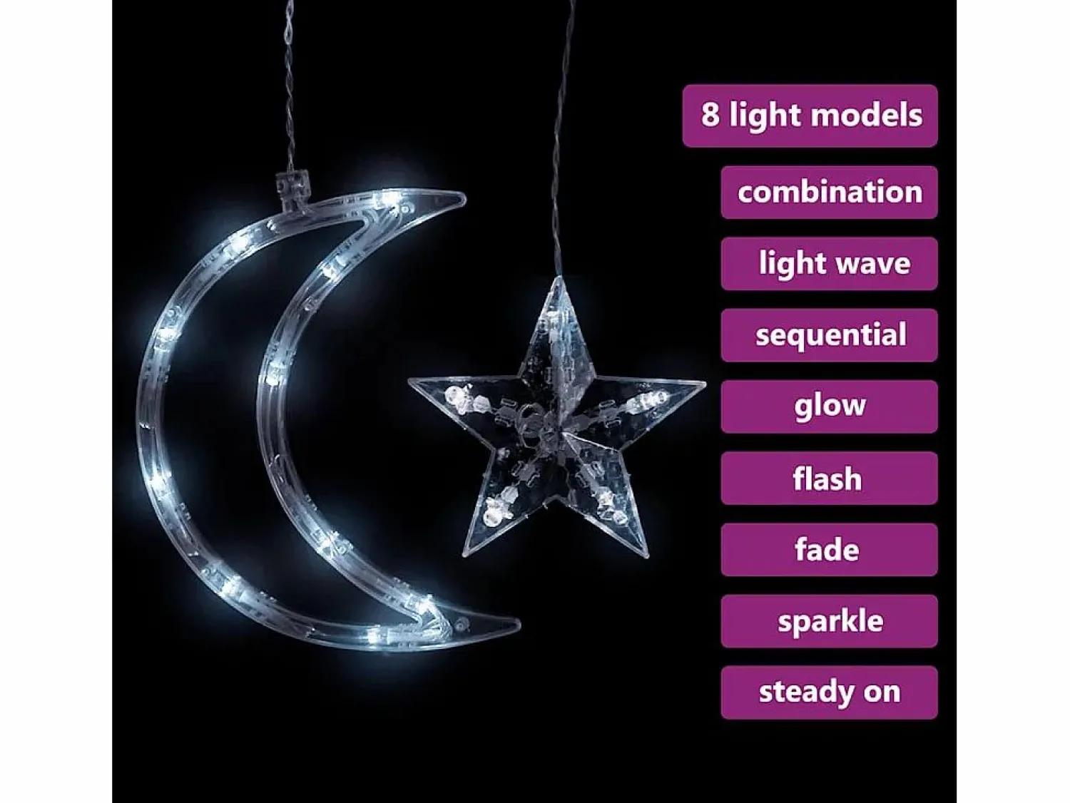 Sale Luces estrella y luna 138 LEDs blanco frío con control remoto Guirnalda Luminosa