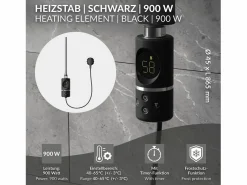 Luxebath Elemento calefactor eléctrico 900W acero inoxidable negro para radiador con termostato y pantalla digital, regulador con modo temporizador Plateado