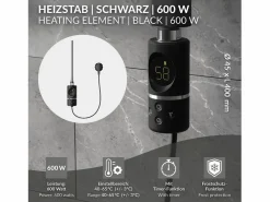 Hot Luxebath Elemento calefactor eléctrico 600W acero inoxidable negro para radiador con termostato y pantalla digital, regulador con modo temporizador Plateado