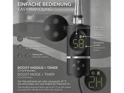 Hot Luxebath Elemento calefactor eléctrico 600W acero inoxidable negro para radiador con termostato y pantalla digital, regulador con modo temporizador Plateado