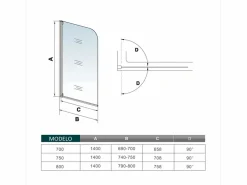 Outlet Aica Mampara de bañera abatible-cristal templado 4mm con perfil gris mate-(740-750)x1400mm Transparente