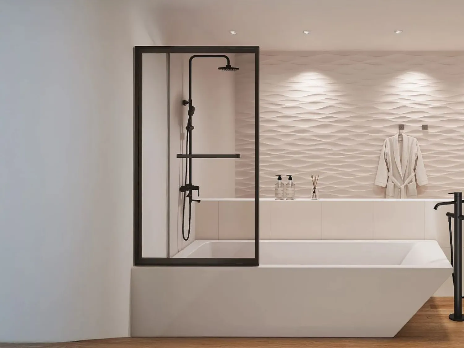 Outlet Shower & Design Mampara de bañera corredera negro mate con toallero - 100x140 cm - WAIMEA Transparente / Negro