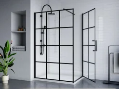 New Shower & Design Mampara de ducha fija con puerta pivotante serigrafiada mate, 120 x 190 cm, CAPARICA Negro