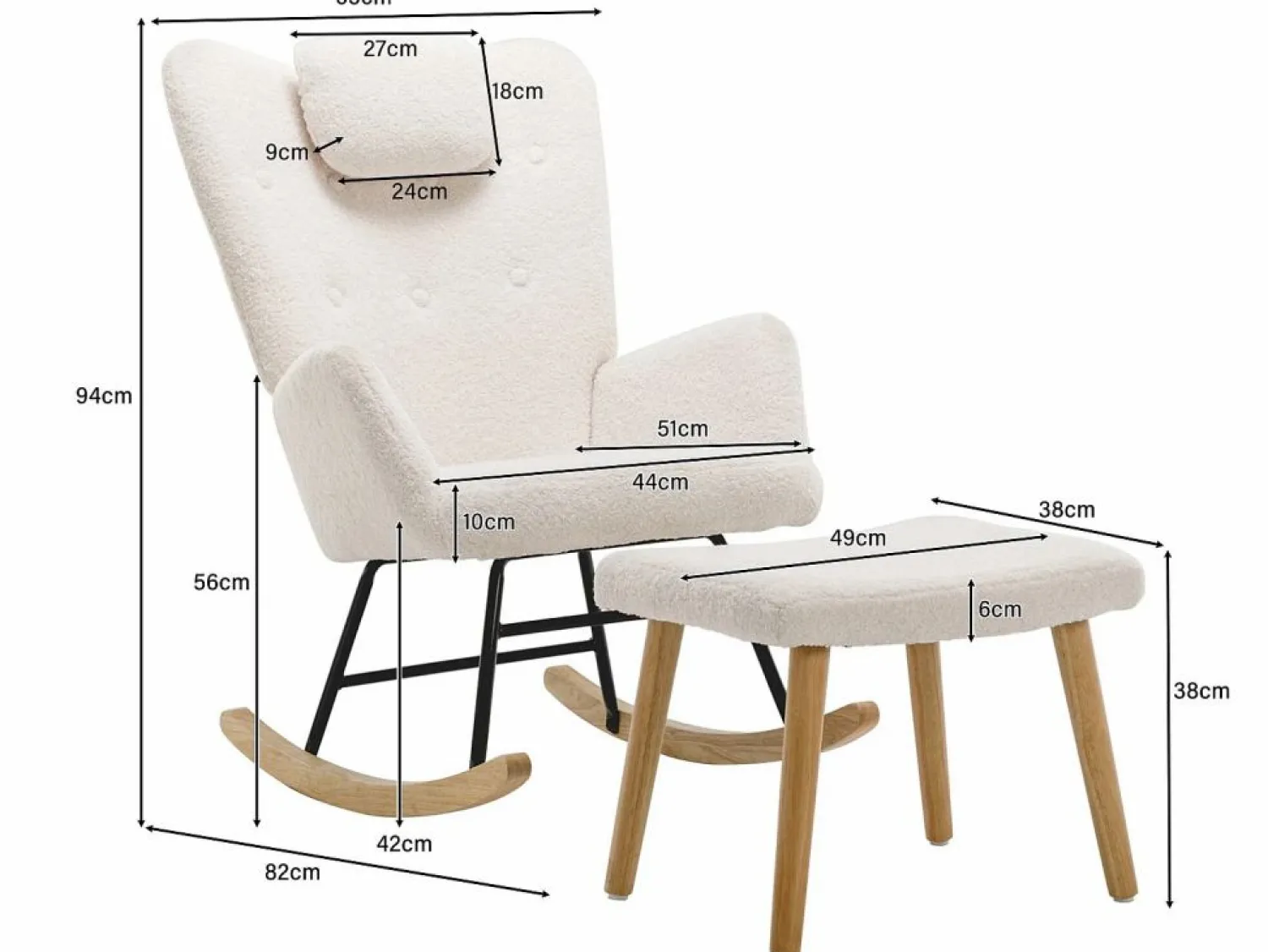 Clearance Mecedora - sillón relax para salón - acolchado con felpa Teddy - con reposacabezas y reposapiés - base de madera - Sillón Balancín