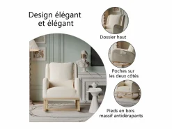 Clearance Mecedora con base y respaldo de madera, Sillón relax para salón, Lino, Beige