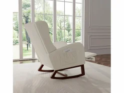 New Mecedora con reposapiernas retráctil y respaldo alto de madera maciza - Mecedora para salón y dormitorio, carga hasta 150 kg - Beige
