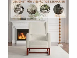 New Mecedora con reposapiernas retráctil y respaldo alto de madera maciza - Mecedora para salón y dormitorio, carga hasta 150 kg - Beige