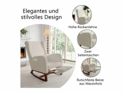 New Mecedora con reposapiernas retráctil y respaldo alto de madera maciza - Mecedora para salón y dormitorio, carga hasta 150 kg - Beige