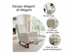 New Mecedora con reposapiernas retráctil y respaldo alto de madera maciza - Mecedora para salón y dormitorio, carga hasta 150 kg - Beige