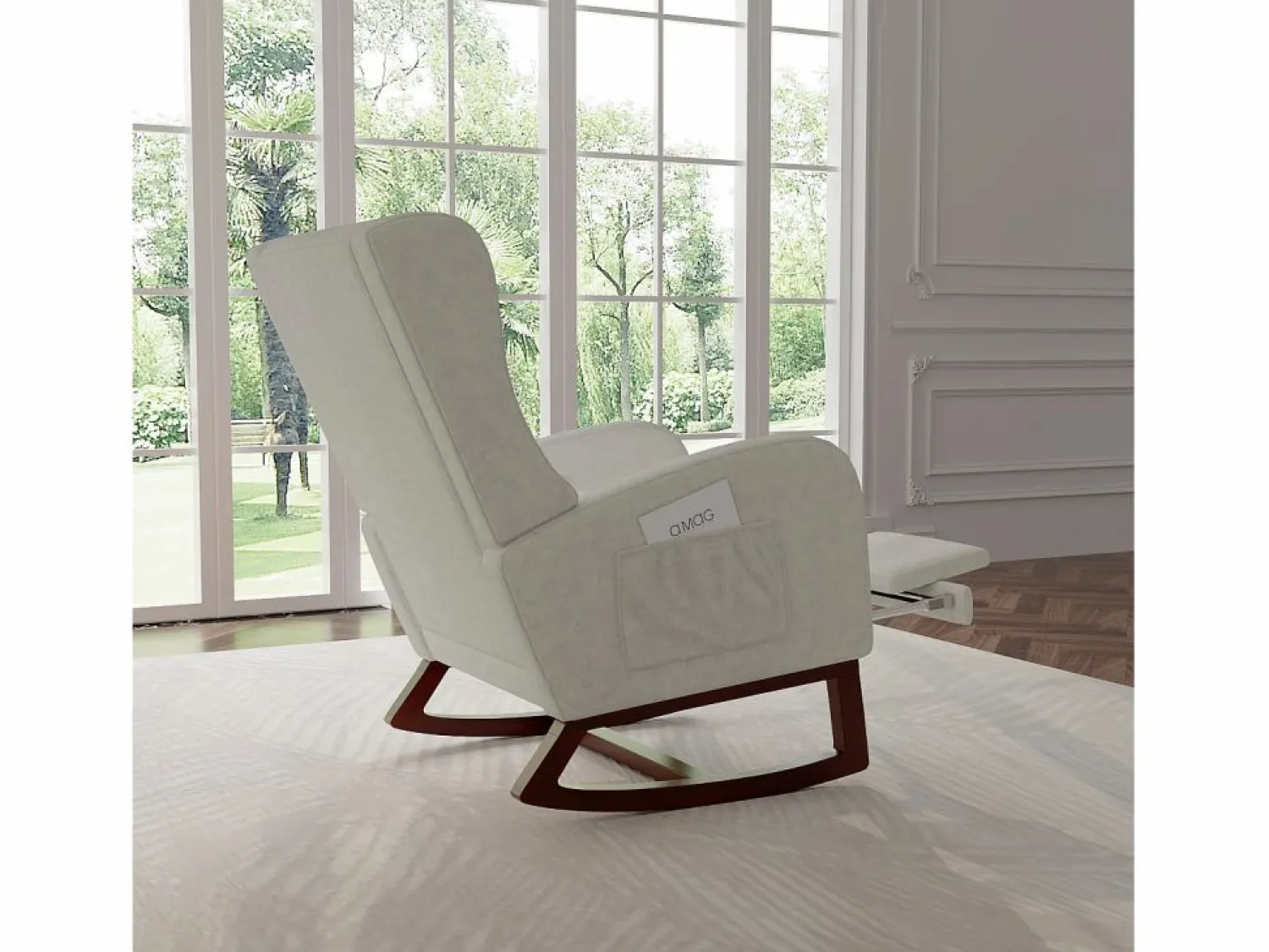 Mecedora con reposapiernas retráctil y respaldo alto de madera maciza - Mecedora para salón y dormitorio, carga hasta 150 kg -