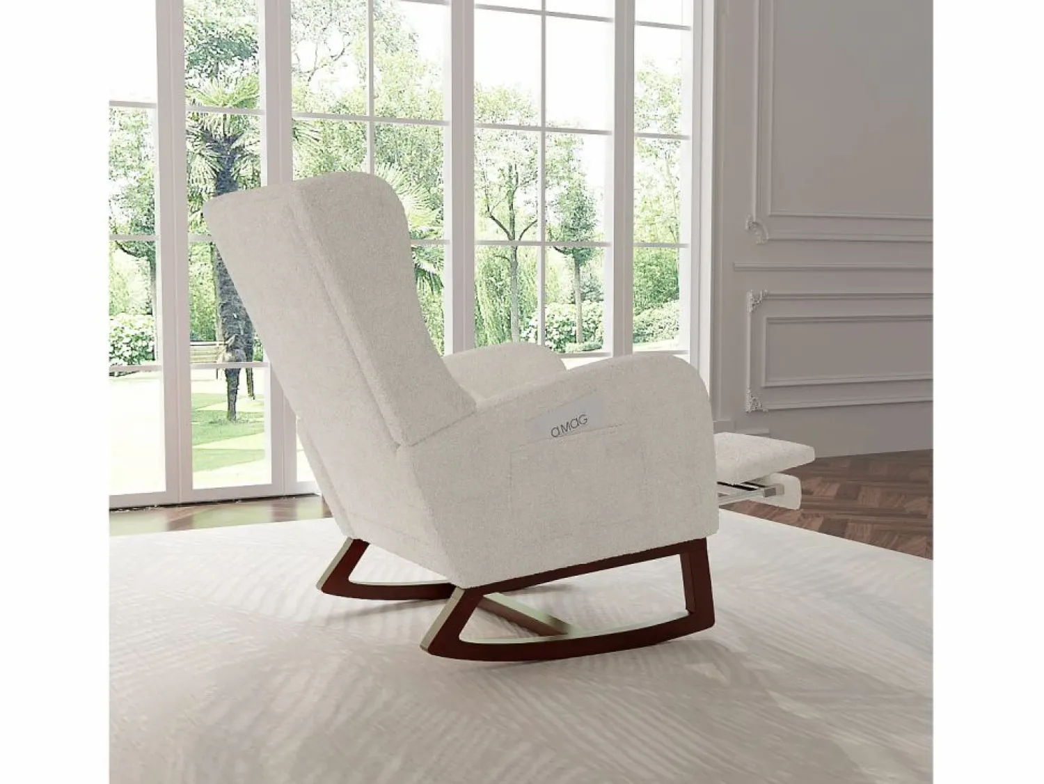Mecedora de madera maciza con reposapiernas retráctil y respaldo alto - Mecedora para salón y dormitorio - Hasta 150 kg -