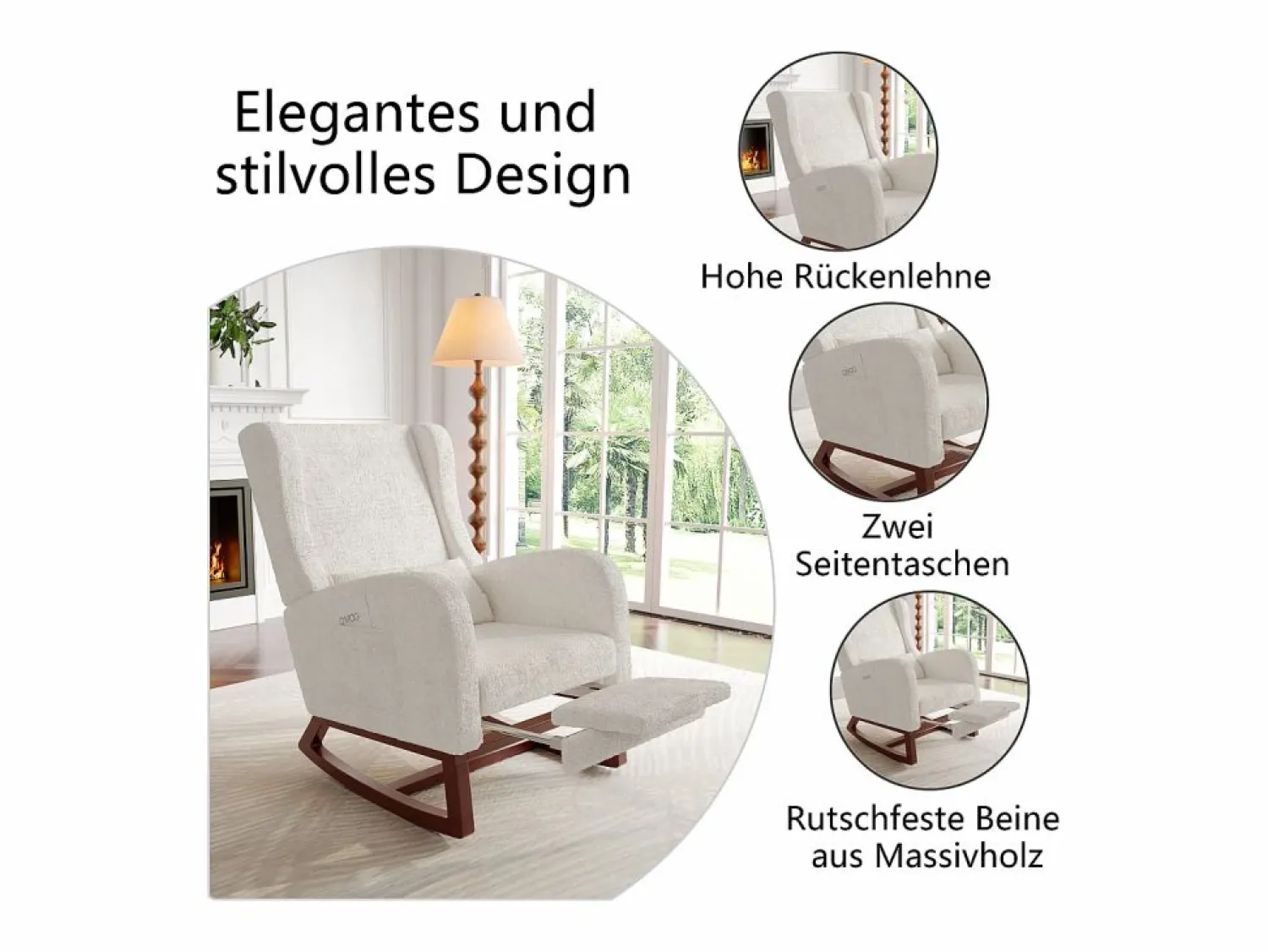 Mecedora de madera maciza con reposapiernas retráctil y respaldo alto - Mecedora para salón y dormitorio - Hasta 150 kg -