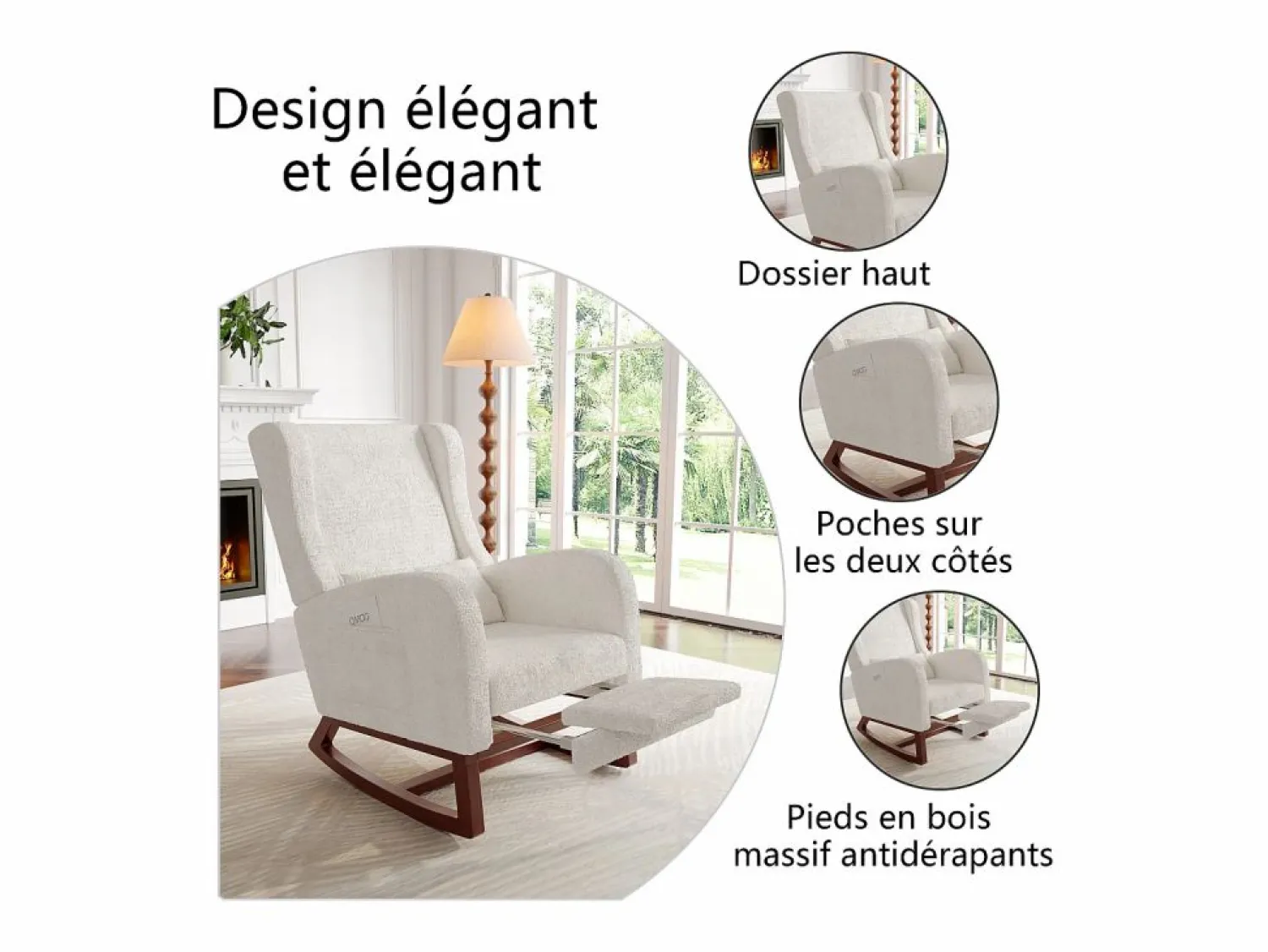 Mecedora de madera maciza con reposapiernas retráctil y respaldo alto - Mecedora para salón y dormitorio - Hasta 150 kg -