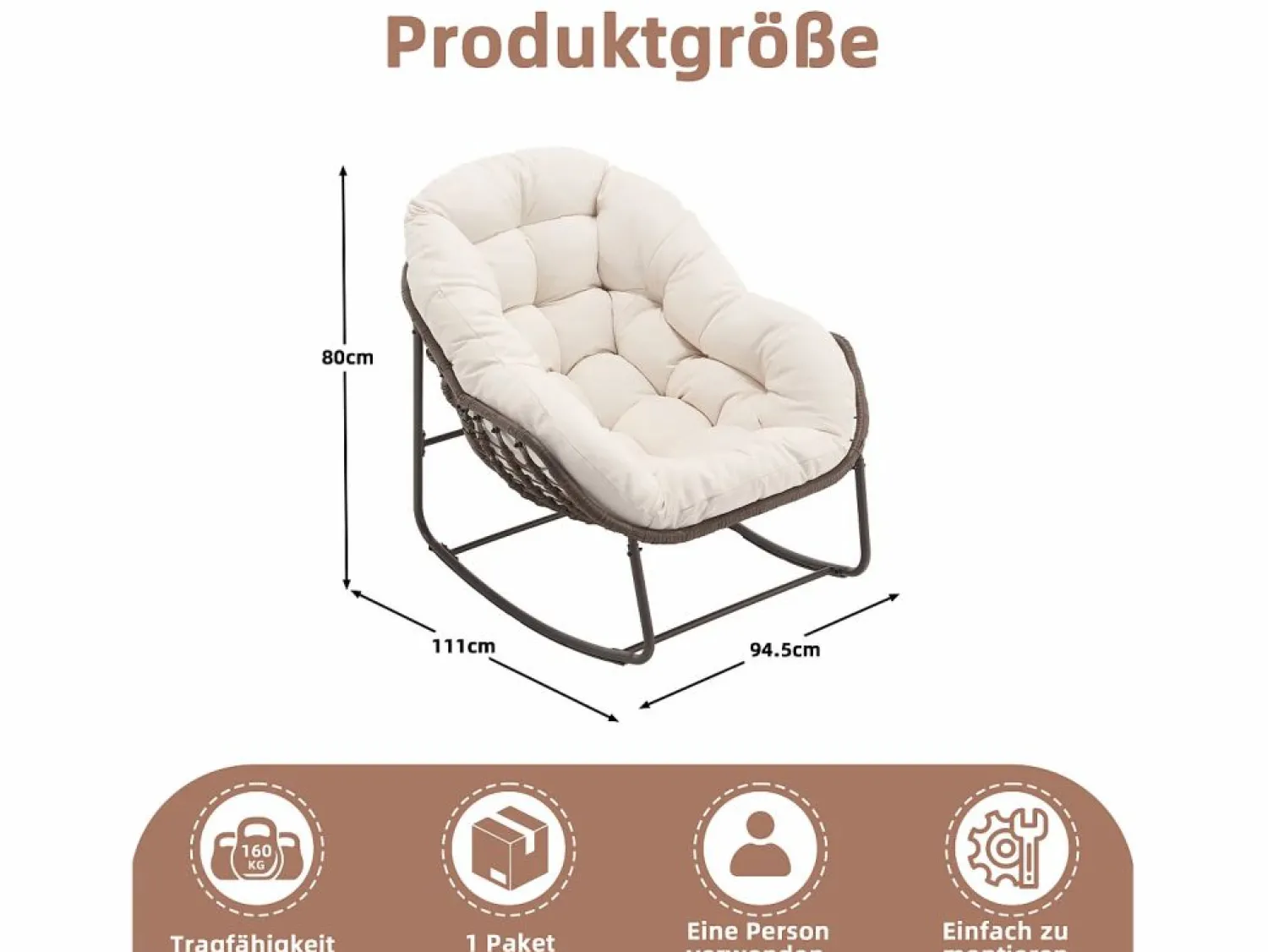 Mecedora de ratán - Estructura de acero con cojín suave - Para uso en interiores y exteriores Crema