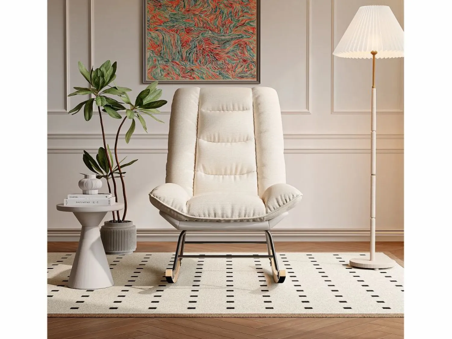 Mecedora ergonómica con cojín beige y estructura gris, diseño moderno en tela/piel sintética. Blanco