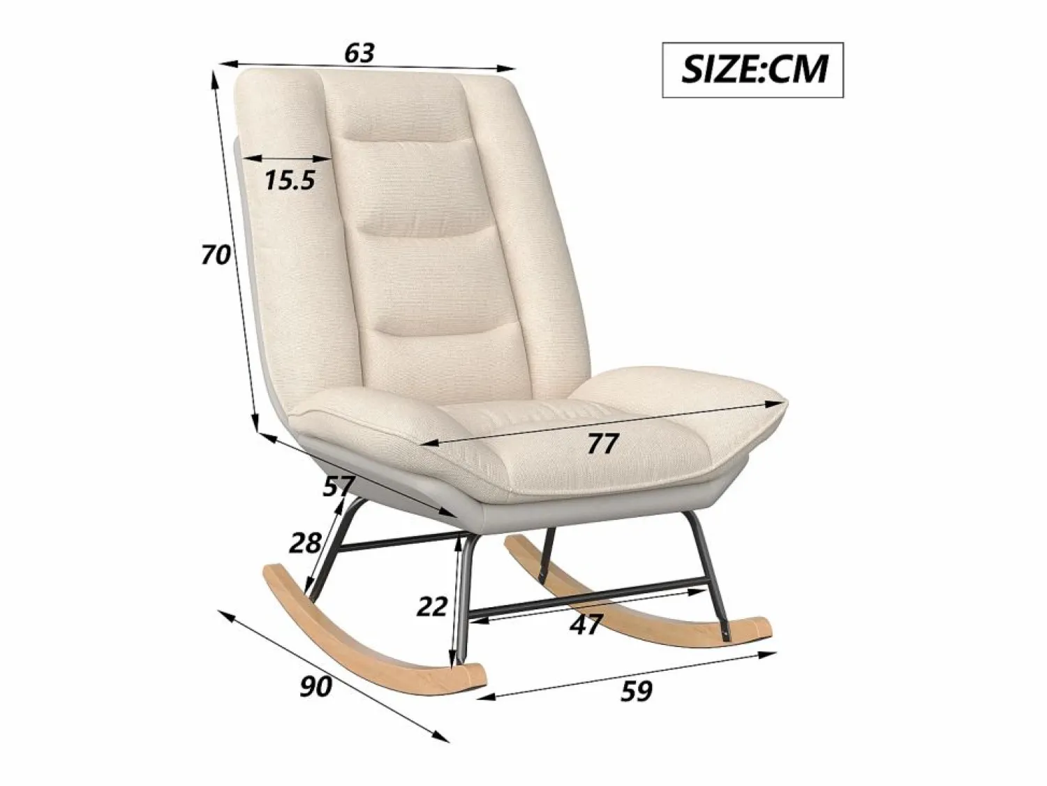 Mecedora ergonómica con cojín beige y estructura gris, diseño moderno en tela/piel sintética. Blanco
