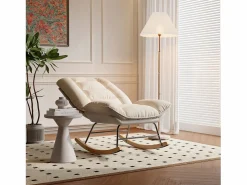Mecedora ergonómica con cojín beige y estructura gris, diseño moderno en tela/piel sintética. Blanco