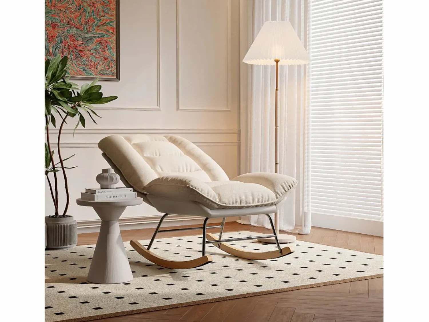 Mecedora ergonómica con cojín beige y estructura gris, diseño moderno en tela/piel sintética. Blanco