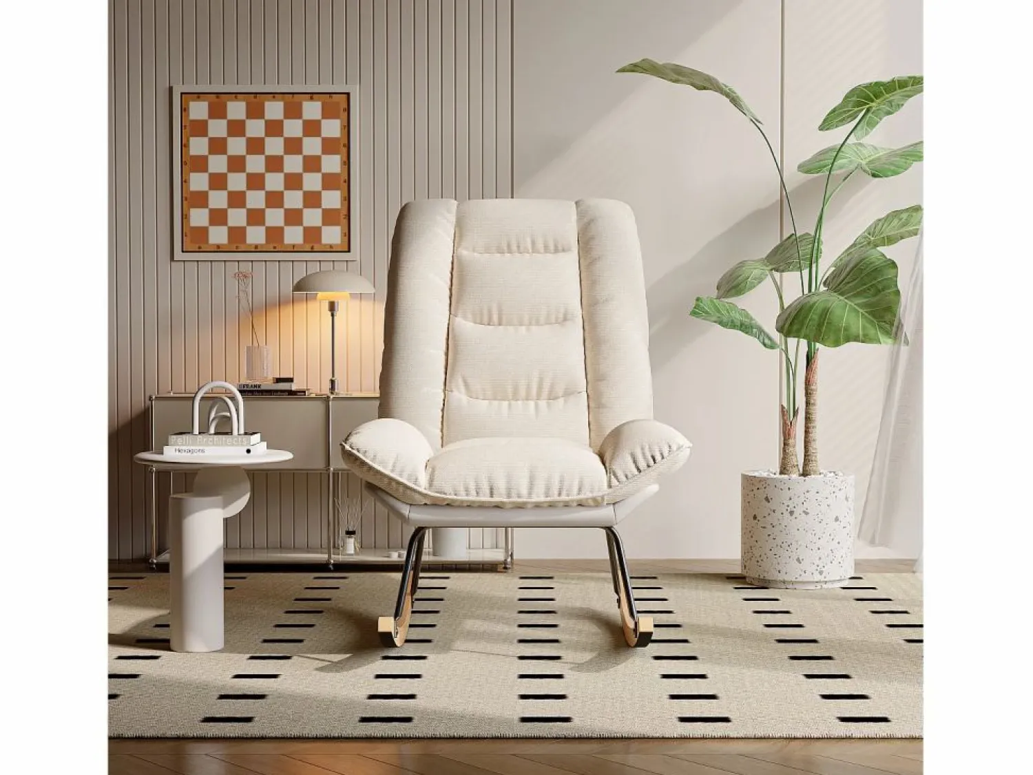 Mecedora ergonómica con cojín beige y estructura gris, diseño moderno en tela/piel sintética. Blanco