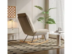 Mecedora ergonómica con cojín beige y estructura gris, diseño moderno en tela/piel sintética. Blanco