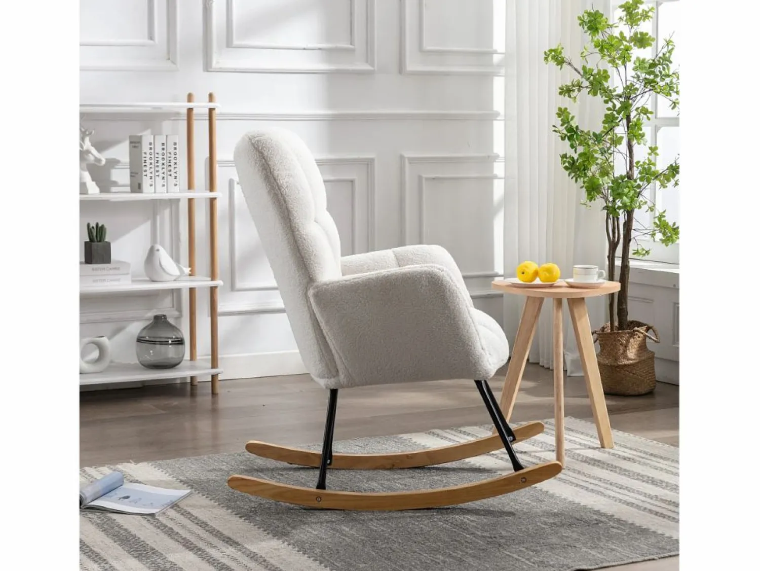 OKWISH Mecedora moderna de felpa blanca con reposabrazos y respaldo, ideal para salón y dormitorio