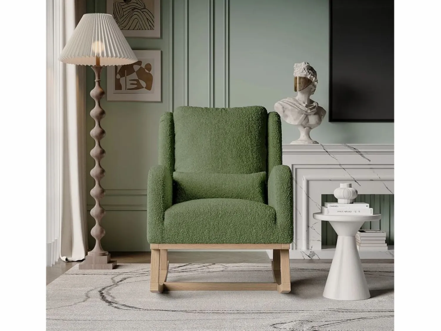 Mecedora moderna en tela de peluche con asiento acolchado de espuma y estructura de madera