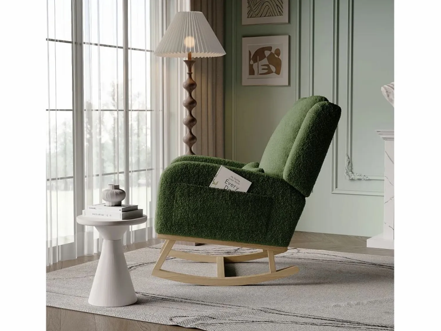 Mecedora moderna en tela de peluche con asiento acolchado de espuma y estructura de madera