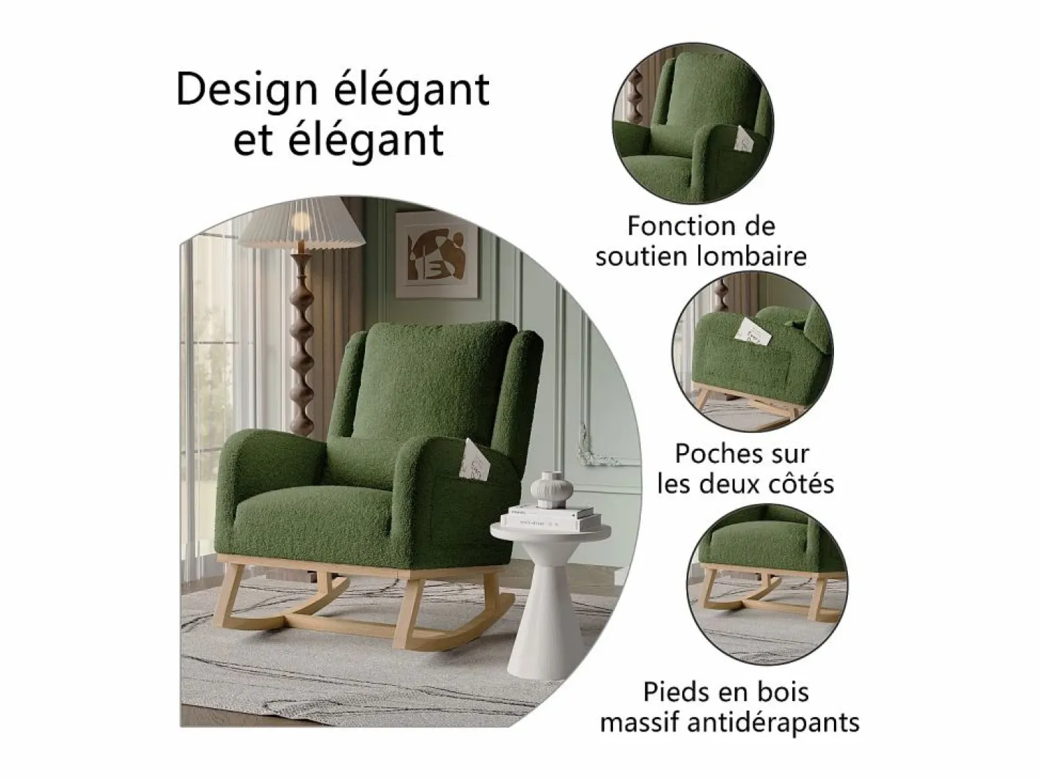 Mecedora moderna en tela de peluche con asiento acolchado de espuma y estructura de madera