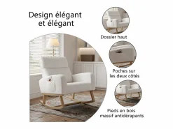 Best Mecedora, sillón relax, con bolsillos y patas de madera, terciopelo Teddy beige Sillón Balancín