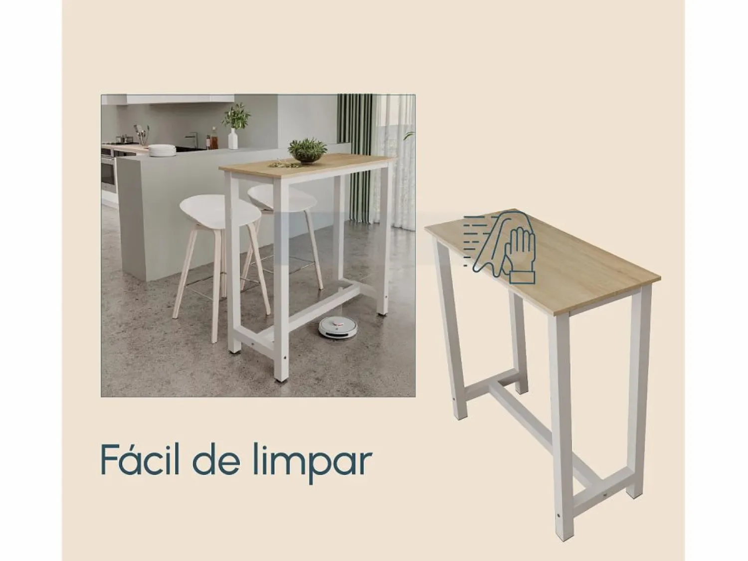 Best MB Muebles Bonitos Mesa alta para Cocina Comedor en Blanco y Sonoma 100x40x100cm Ani Color natural claro / Blanco