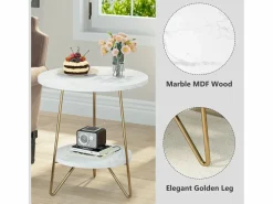 Discount Tribesigns Mesa auxiliar de mármol artificial de dos niveles, Mesa auxiliar redonda con estanterías, Mesa de noche moderna dorada, Blanca y dorada Blanco