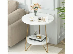 Discount Tribesigns Mesa auxiliar de mármol artificial de dos niveles, Mesa auxiliar redonda con estanterías, Mesa de noche moderna dorada, Blanca y dorada Blanco