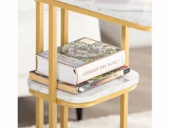 Sobuy Mesa auxiliar moderna con extremo de café, sofá, mesa de centro, mesita de noche, efecto mármol, estructura de metal , 50x30x58 cm FBT110-G ES