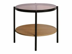 Sweeek Mesa auxiliar redonda de cristal templado efecto madera y metal negro