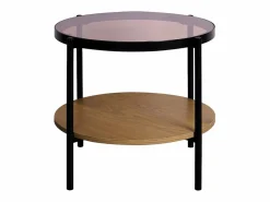 Sweeek Mesa auxiliar redonda de cristal templado efecto madera y metal negro