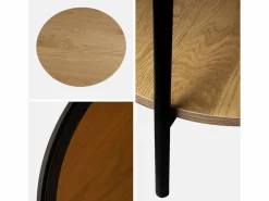 Sweeek Mesa auxiliar redonda de cristal templado efecto madera y metal negro
