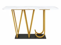 Discount Hauss Spole Mesa consola con patas de metal dorado - Tapa efecto mármol 120 x 29,5 x 80 cm Blanco