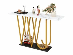 Discount Hauss Spole Mesa consola con patas de metal dorado - Tapa efecto mármol 120 x 29,5 x 80 cm Blanco