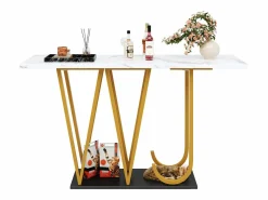 Discount Hauss Spole Mesa consola con patas de metal dorado - Tapa efecto mármol 120 x 29,5 x 80 cm Blanco