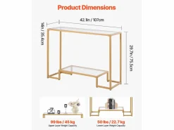 New Mesa Consola de Cristal SucceBuy de 2 Niveles, Mesita Auxiliar con Tablero de Cristal Templado, Patas de Hierro y Dispositivo Antivuelco, Dorada Consola