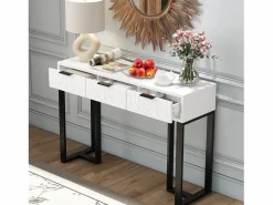ModernLuxe Mesa consola moderna, con 2 cajones, pies ajustables, blanco y negro