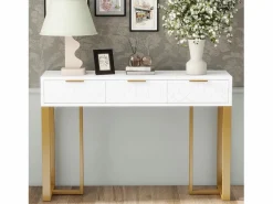 Clearance Merax Mesa consola moderna con 3 cajones - 120 x 36 x 80 cm - MDF - para salón, pasillo - + dorado Blanco