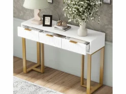 Clearance Merax Mesa consola moderna con 3 cajones - 120 x 36 x 80 cm - MDF - para salón, pasillo - + dorado Blanco