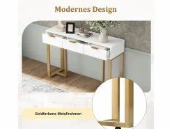Clearance Merax Mesa consola moderna con 3 cajones - 120 x 36 x 80 cm - MDF - para salón, pasillo - + dorado Blanco