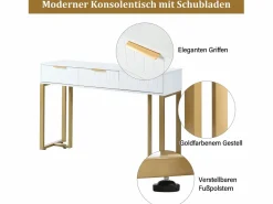 Clearance Merax Mesa consola moderna con 3 cajones - 120 x 36 x 80 cm - MDF - para salón, pasillo - + dorado Blanco