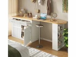 KOMHTOM Mesa de bar extensible con espacio de almacenamiento, moderna, móvil, mesa de bar extensible con un cajón y dos estantes, blanca